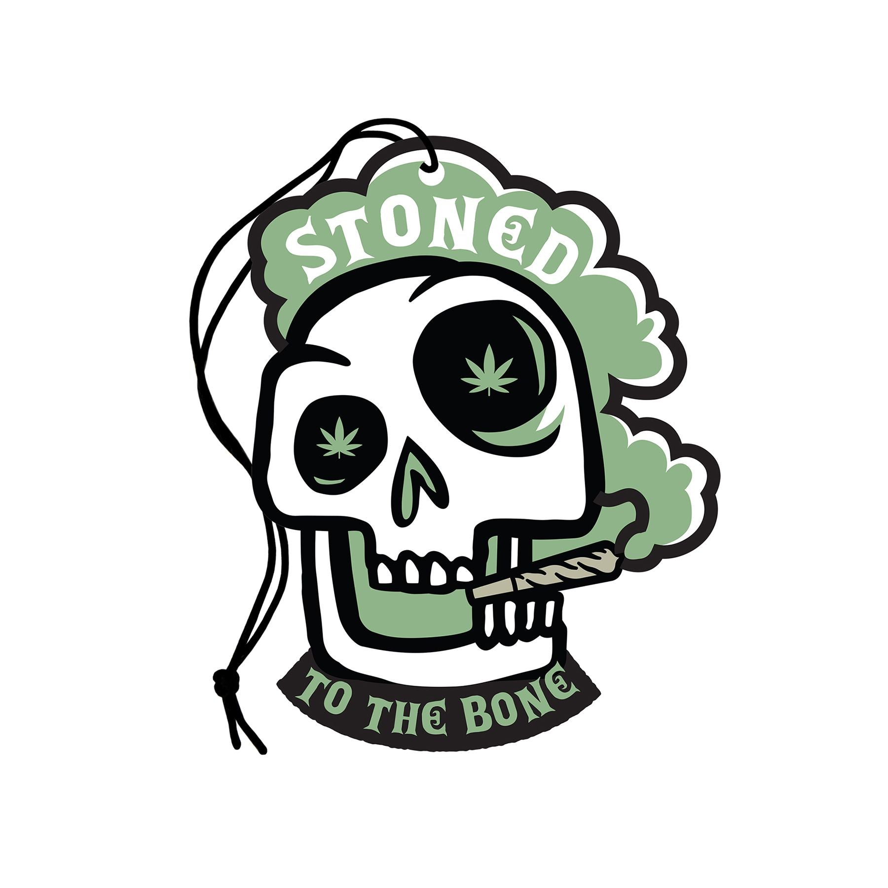A skull air freshener with "Stoned to the Bone" text and a joint.