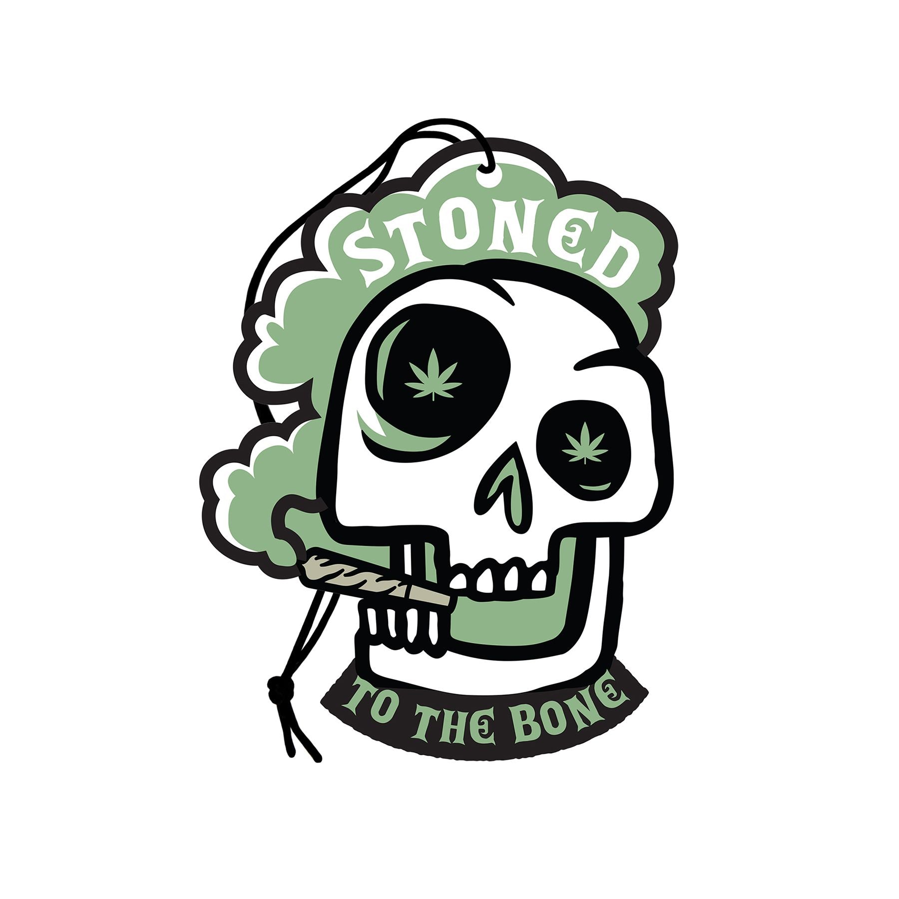 A skull air freshener with "Stoned to the Bone" text and a pine scent.