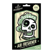 Wood Rocket Stoned to the Bone air freshener with a skull design and fresh pine scent.