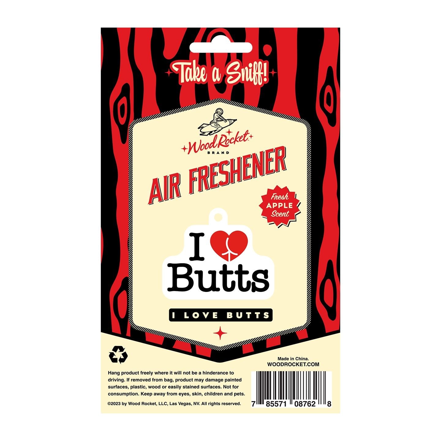 I Love Butts air freshener with fresh apple scent on a red and black background.