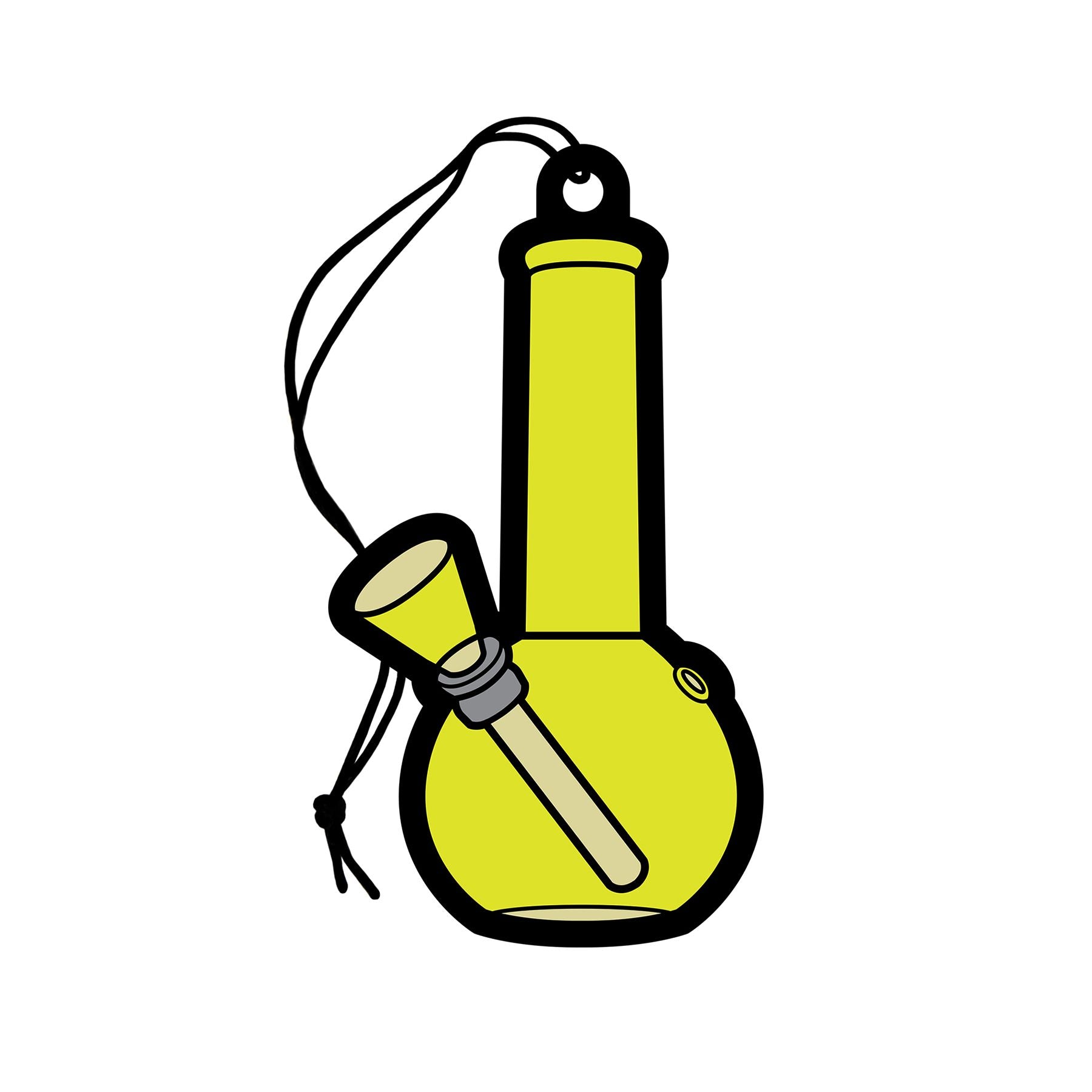 Yellow cardboard air freshener shaped like a bong with a pineapple scent.