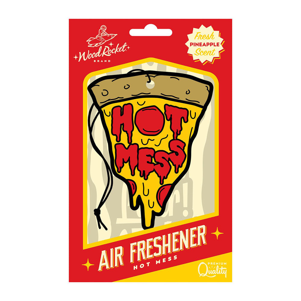 Hot Mess Pizza air freshener with pineapple scent.
