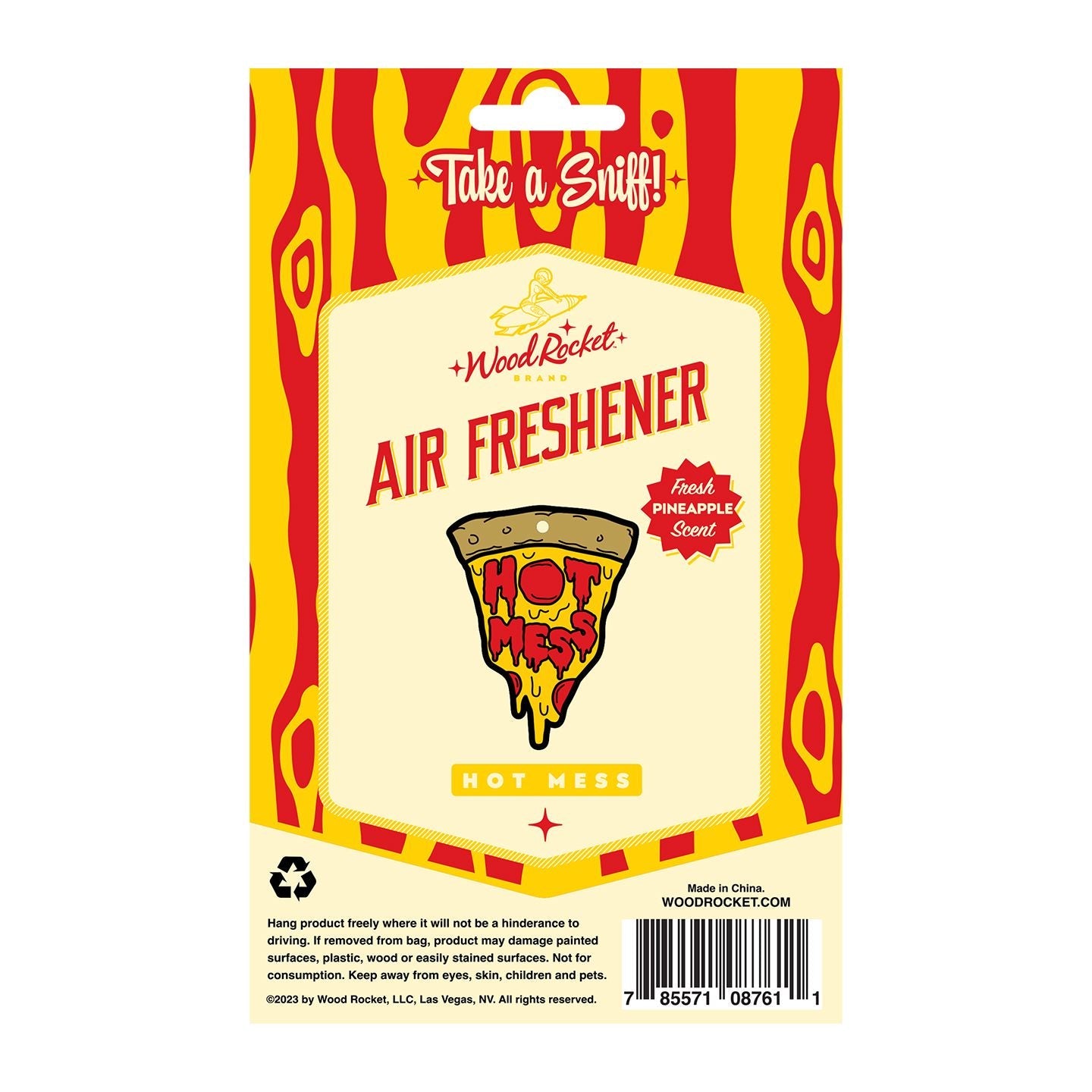 Hot Mess Pizza air freshener with pineapple scent.