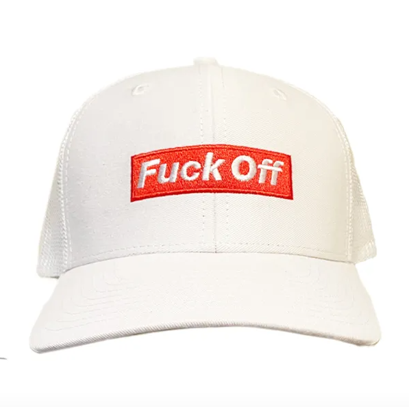 White trucker hat with red embroidered "Fuck Off" graphic.