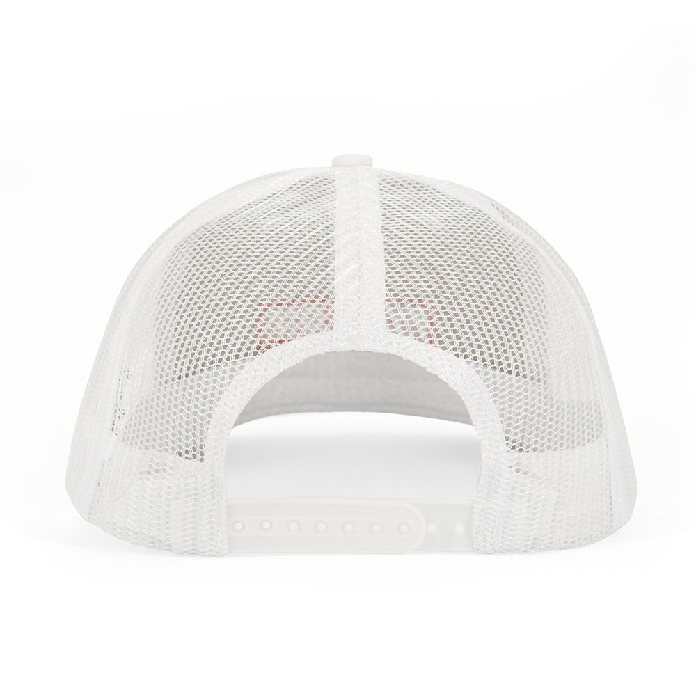 White mesh trucker hat with red embroidery and adjustable snapback closure.