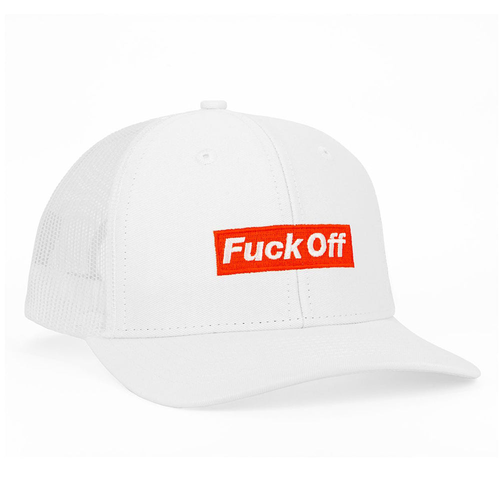 White trucker hat with "Fuck Off" embroidered in red on the front.
