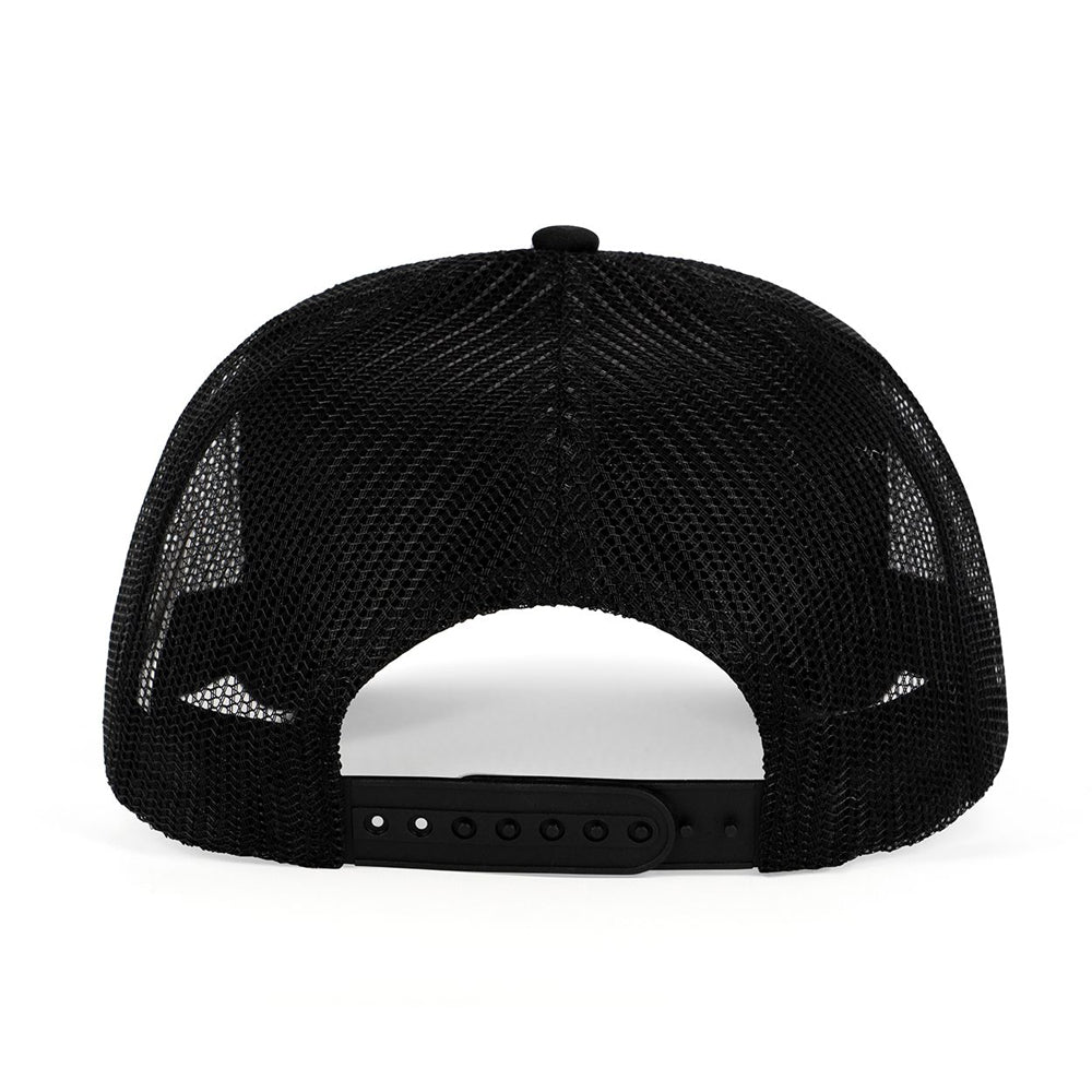 Black trucker hat with mesh back and adjustable snapback closure.