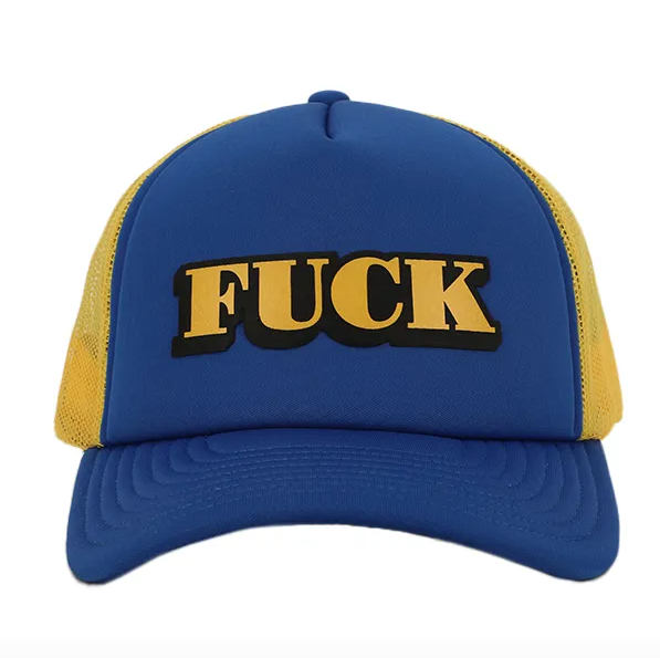 Blue and yellow trucker hat with "FUCK" graphic.