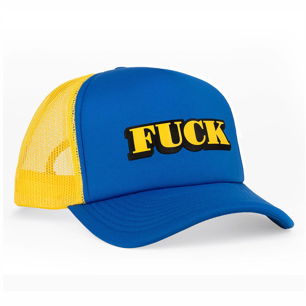 Blue and yellow trucker hat with "FUCK" graphic.