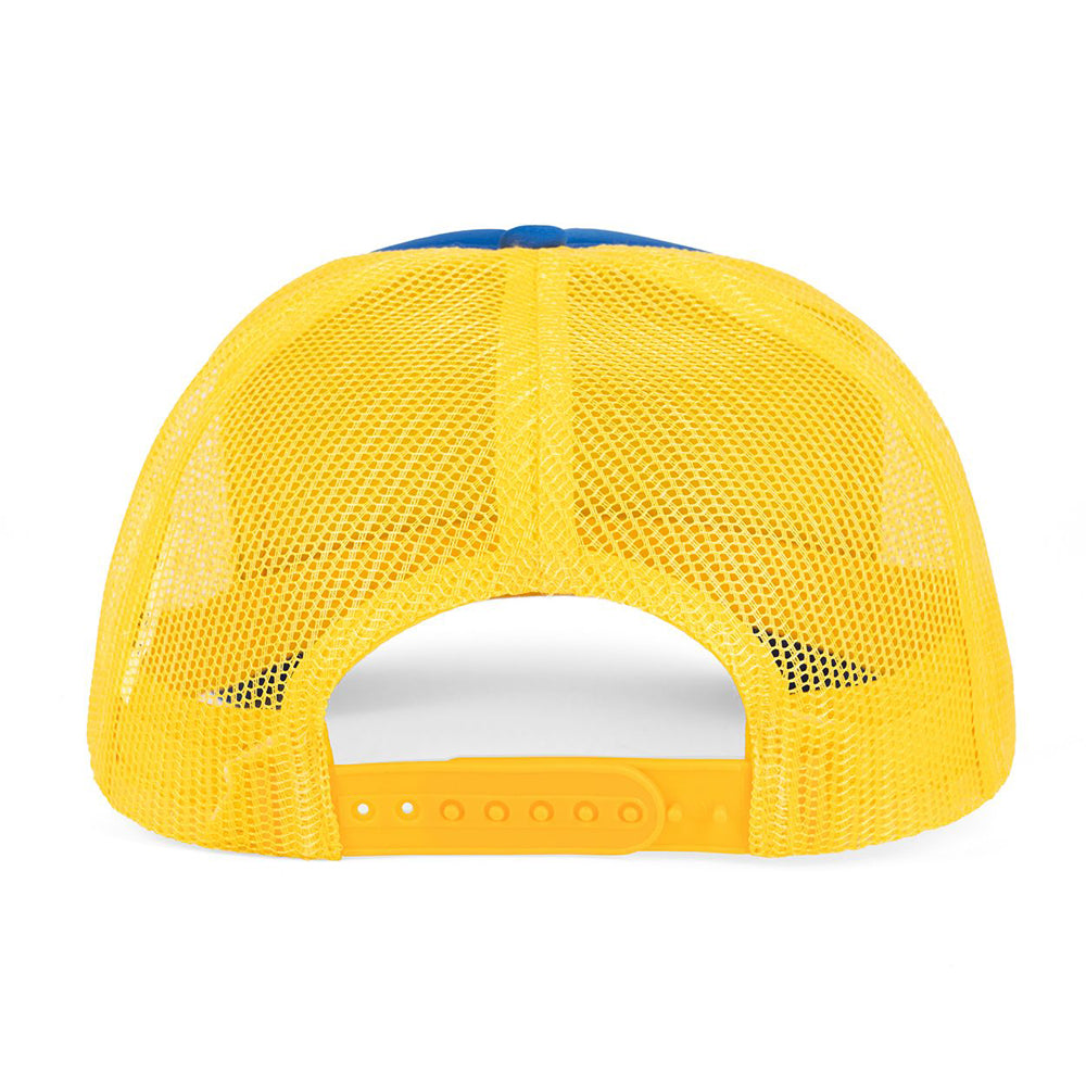 Blue and yellow mesh trucker hat with snapback closure.