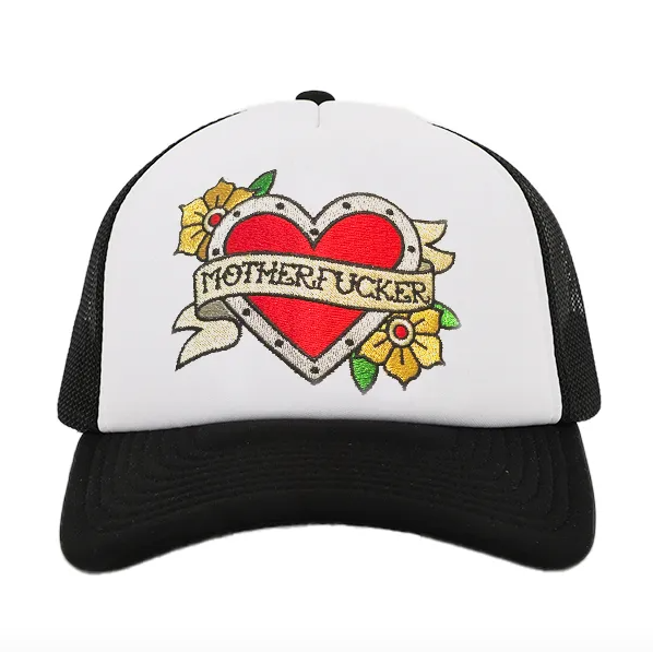 Black and white trucker hat with embroidered red heart and "Motherfucker" text.