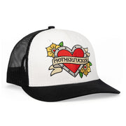White and black trucker hat with embroidered red heart and "Motherfucker" banner.