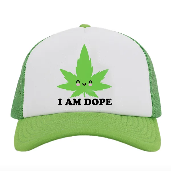 Green and white trucker hat with a marijuana leaf graphic and "I AM DOPE" text.