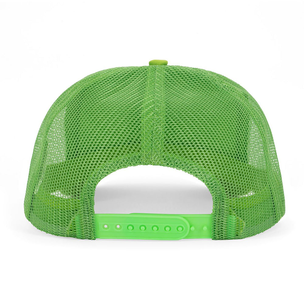 Green and white mesh trucker hat with an adjustable snapback closure.