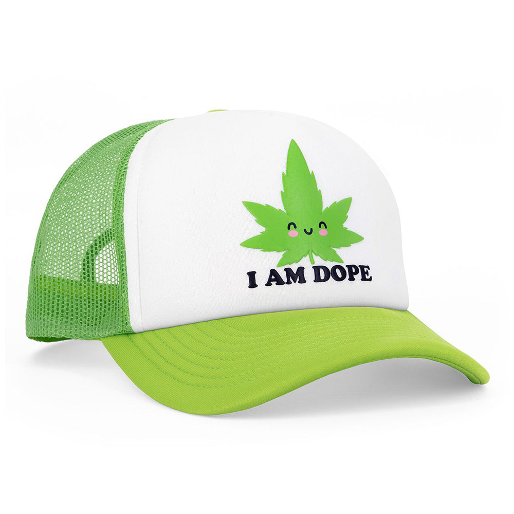 Green and white trucker hat with a cannabis leaf graphic and "I AM DOPE" text.