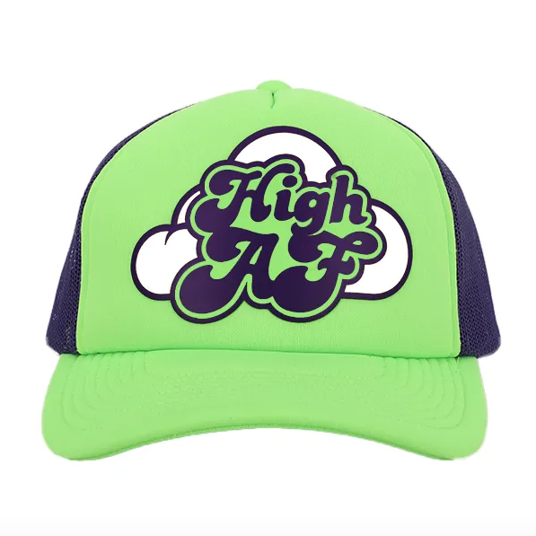 Neon green trucker hat with purple "High AF" cloud graphic.