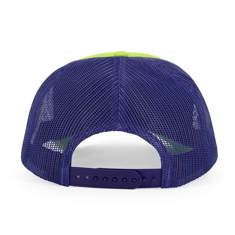 Back view of a neon green and purple mesh trucker hat with a snapback closure.