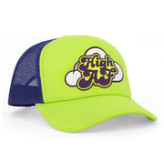 Neon green trucker hat with purple "High AF" cloud graphic.