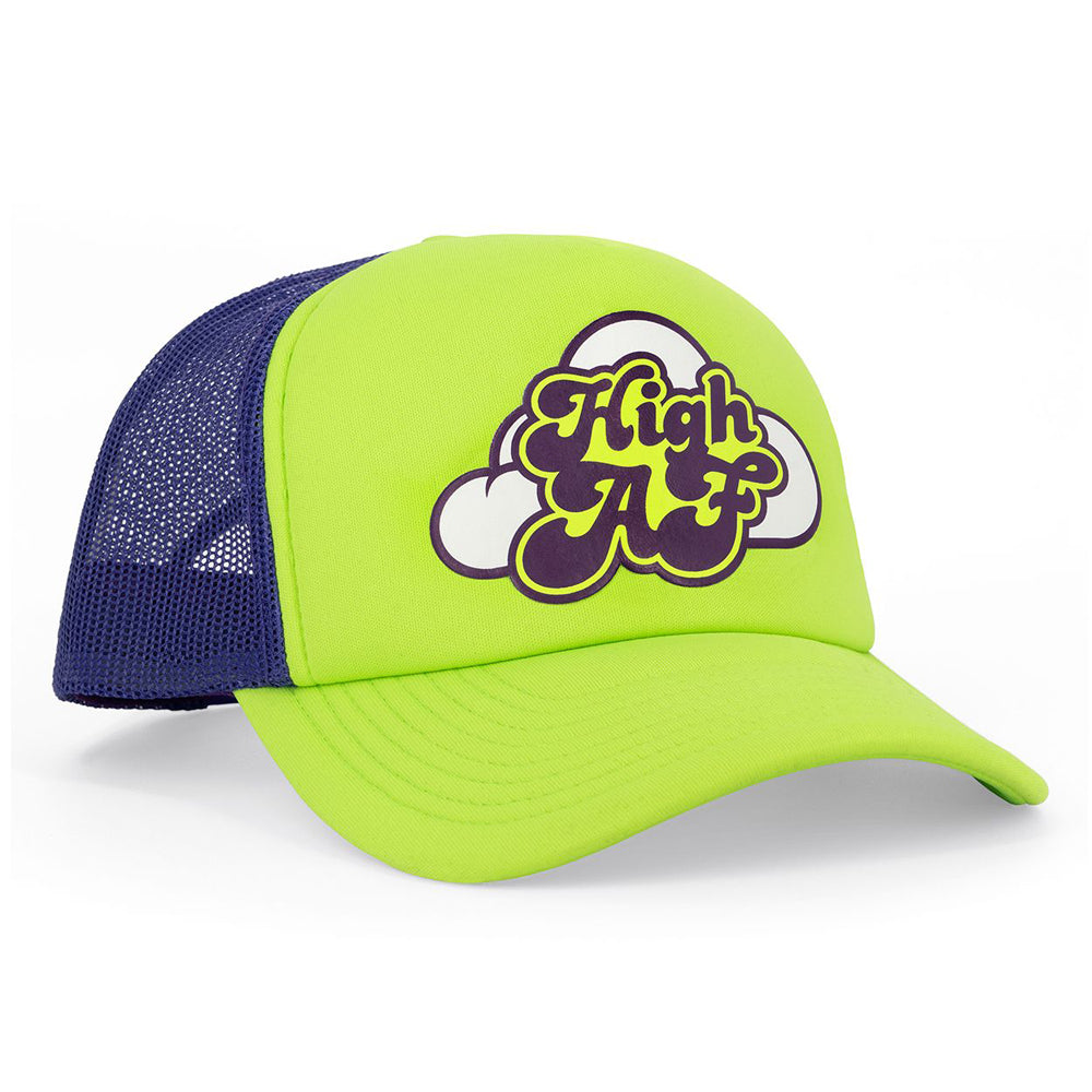 Neon green trucker hat with purple "High AF" cloud graphic.