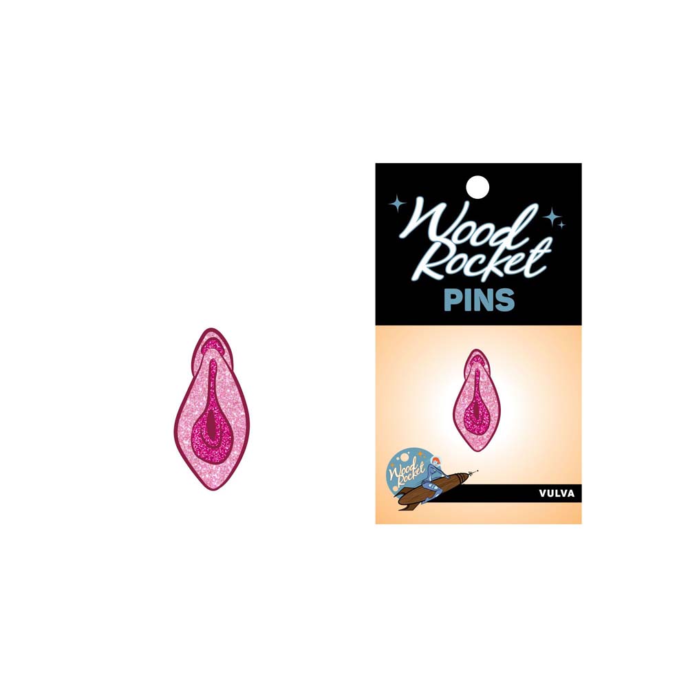 Sparkly pink glitter vulva lapel pin by Wood Rocket.