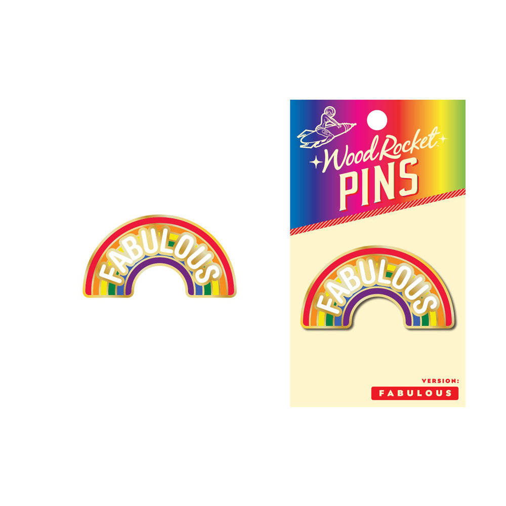 A gold rainbow lapel pin with the word "Fabulous" in colorful enamel.