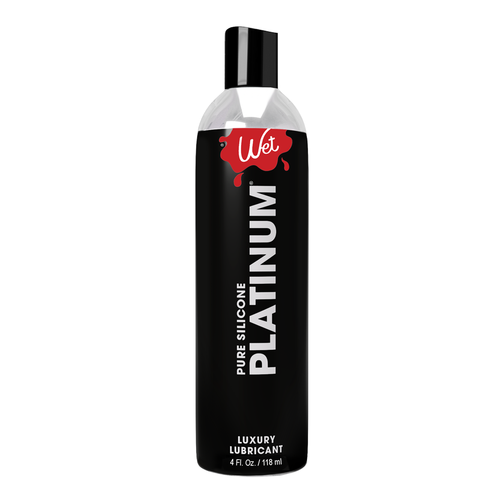 A black bottle of Wet Platinum Pure Silicone Luxury Lubricant.