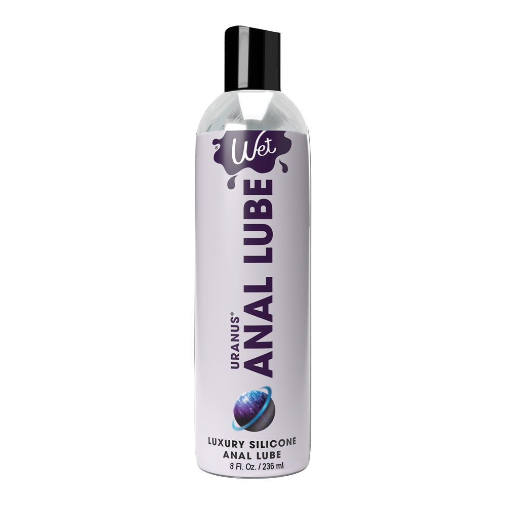 A bottle of Uranus Anal Lube with a purple planet graphic.