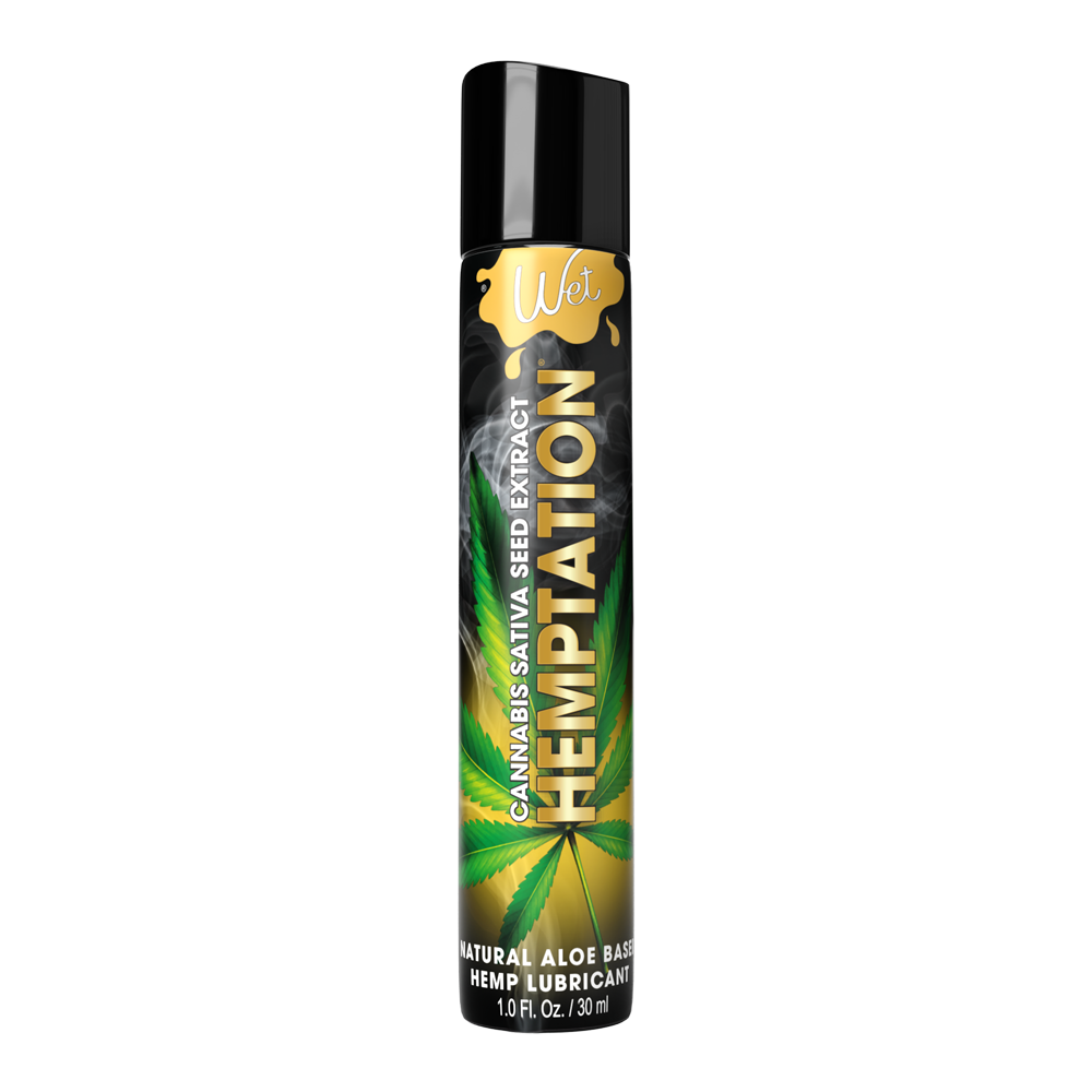 A bottle of Hemptation natural aloe-based personal lubricant with hemp.