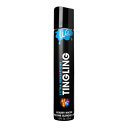 A black bottle of Wet Tingling Hybrid Personal Lubricant with blue and colorful accents.