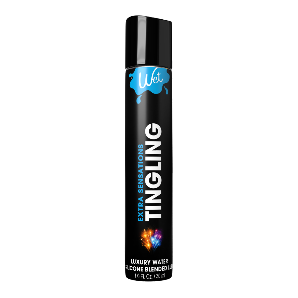 A black bottle of Wet Tingling Hybrid Personal Lubricant with blue and colorful accents.