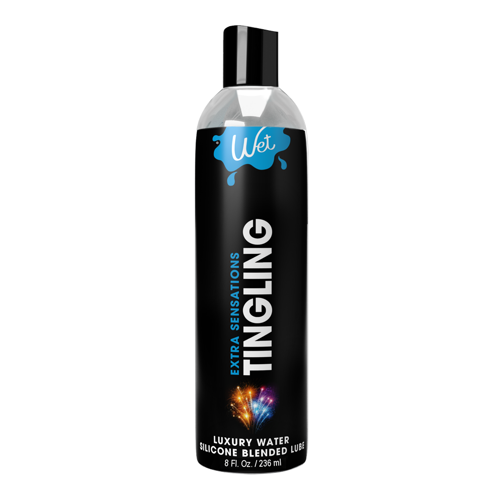 Wet Tingling Peppermint Hybrid Lube bottle with blue splash and fireworks graphic.