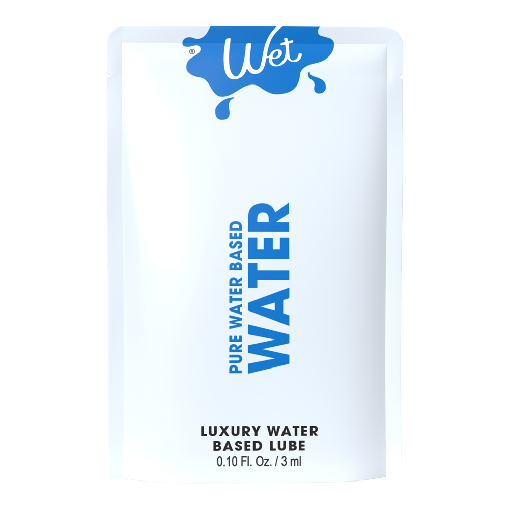A single-use packet of Wet brand water-based lubricant.