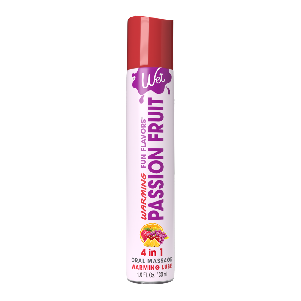 A bottle of Wet Passion Fruit Warming Lubricant with fruit imagery.