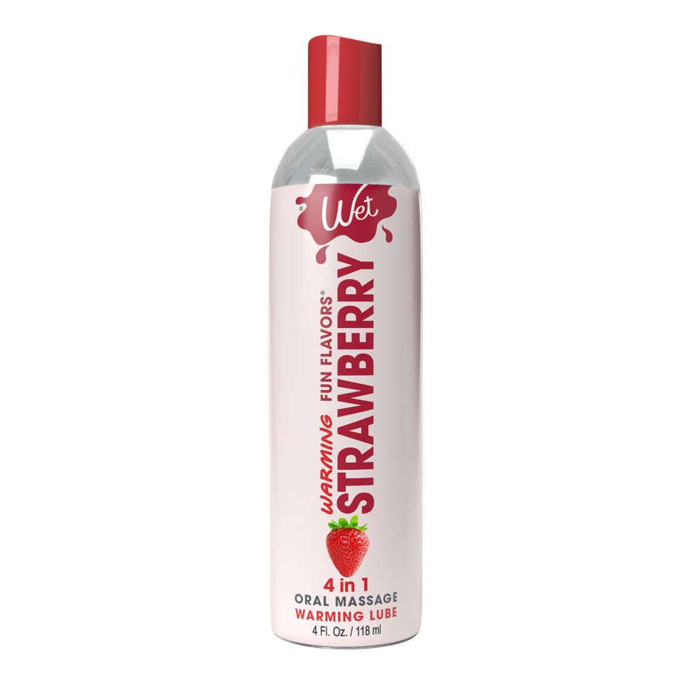 Strawberry warming lubricant in a bottle with a red cap and strawberry graphic.