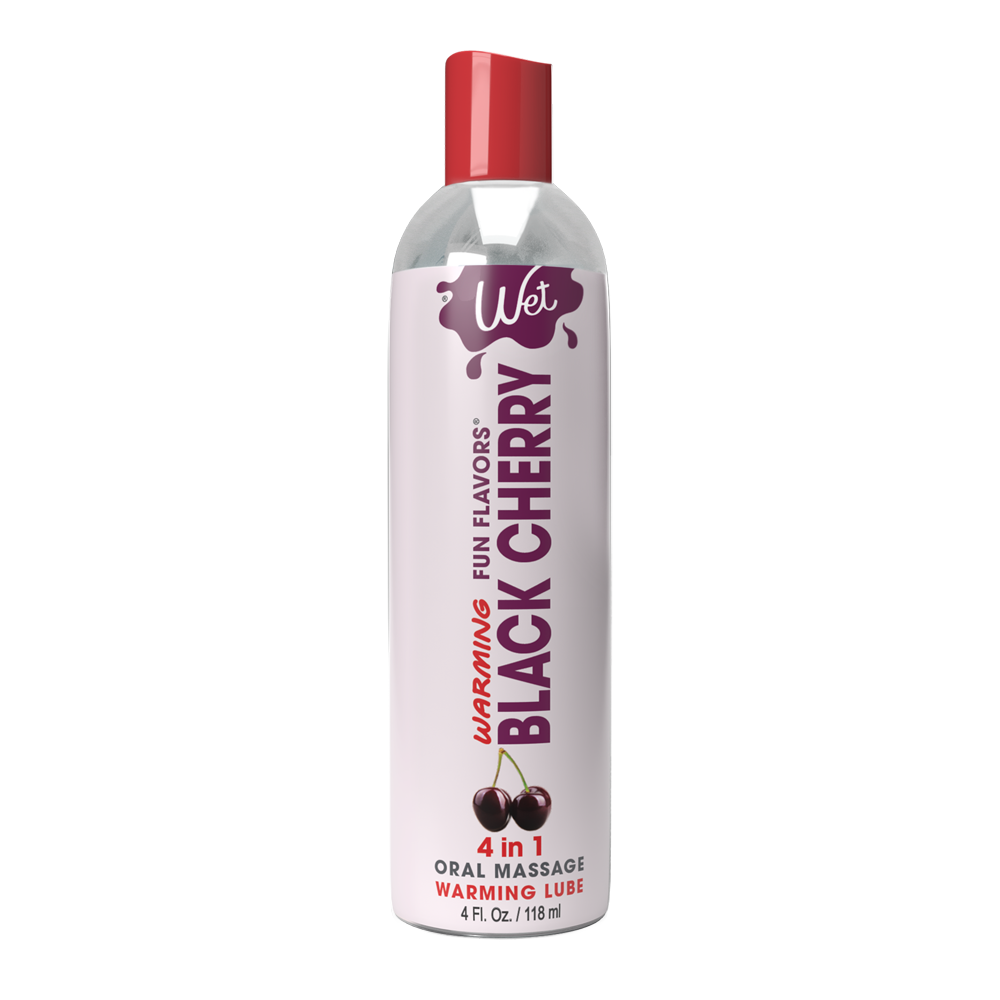 Bottle of Wet Black Cherry warming lubricant with cherries.