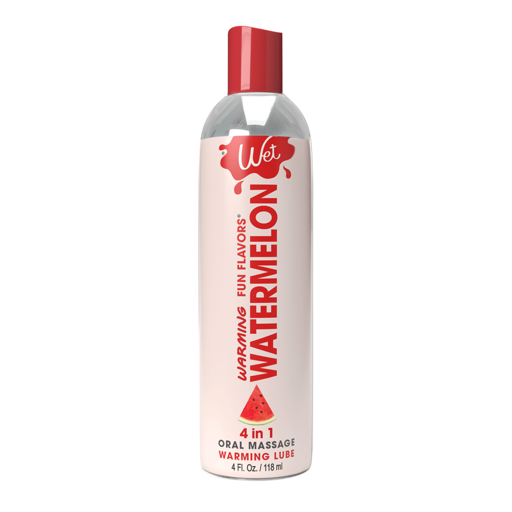 A bottle of Wet Watermelon Warming Lubricant with a watermelon slice graphic.