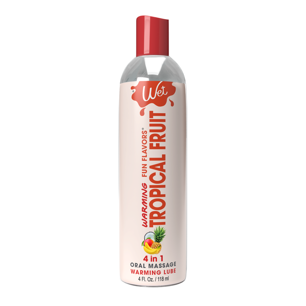 Wet Tropical Fruit warming lubricant bottle with fruit imagery.