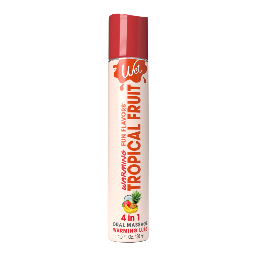 A bottle of Wet Tropical Fruit Warming Lubricant with fruit imagery.