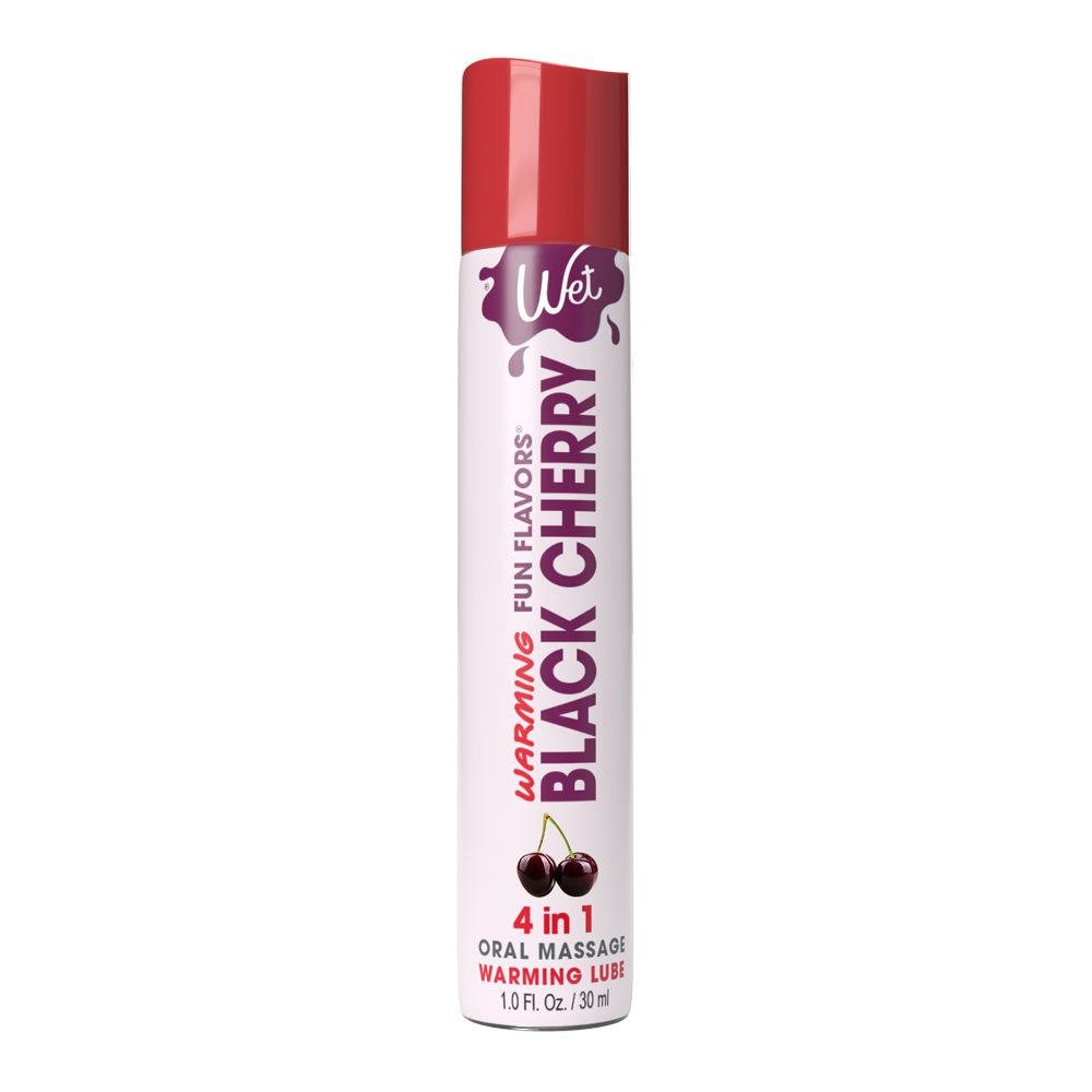 Black Cherry Warming Flavored Lubricant bottle with red cap.