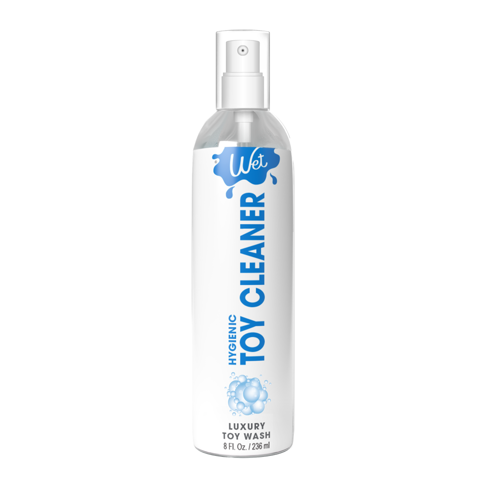 A bottle of Wet Toy Cleaner with blue lettering and bubbles.