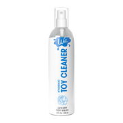 A bottle of Wet Toy Cleaner with blue lettering and bubbles.