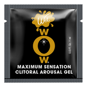 Clitoral arousal gel packet with "Wet" and "WOW" logos.