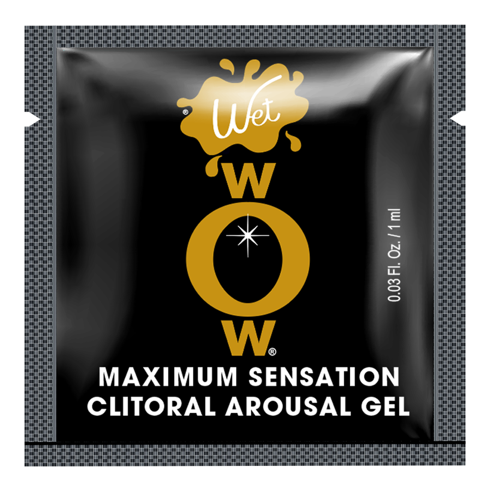 Clitoral arousal gel packet with "Wet" and "WOW" logos.