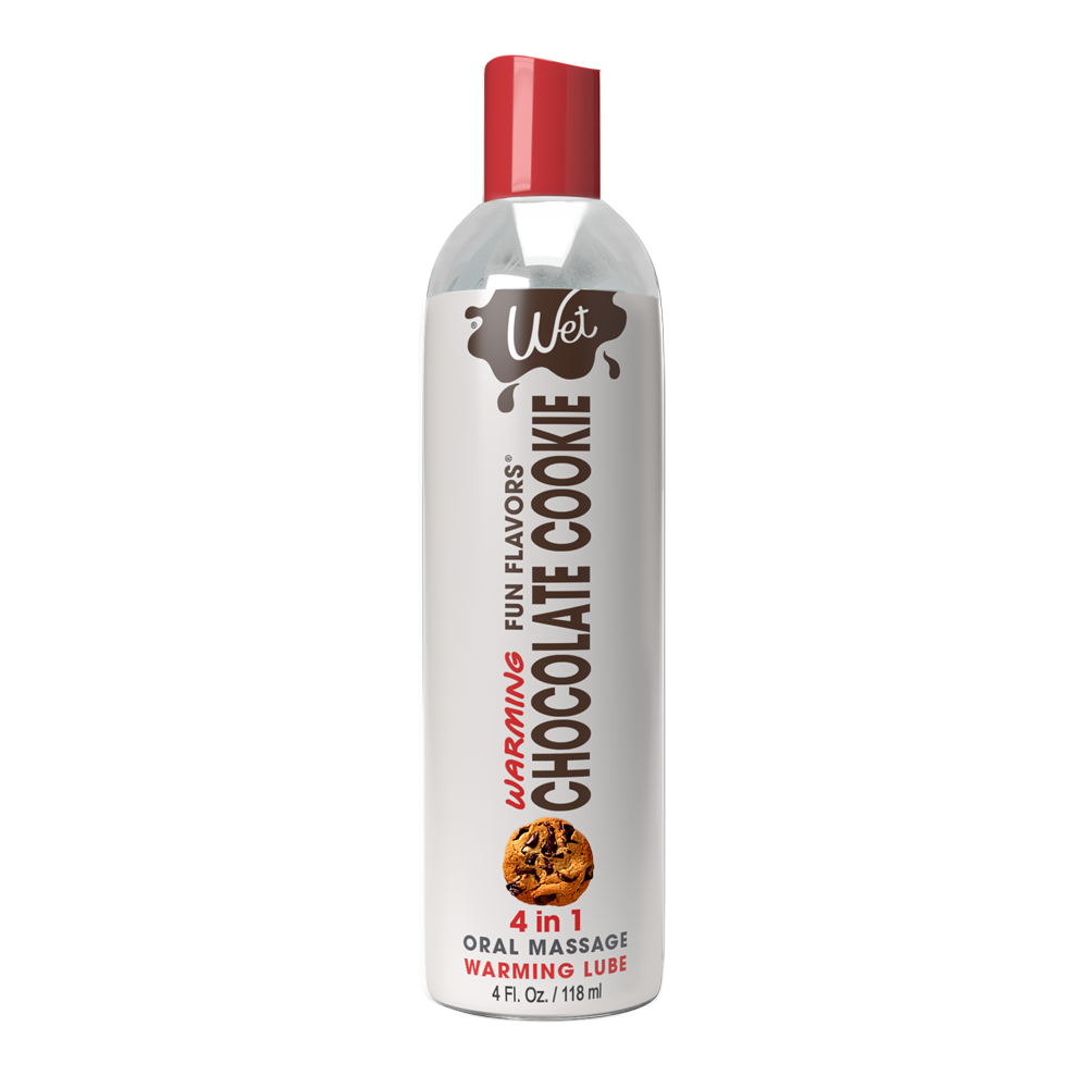 Bottle of Wet Chocolate Cookie warming lubricant with a red cap.