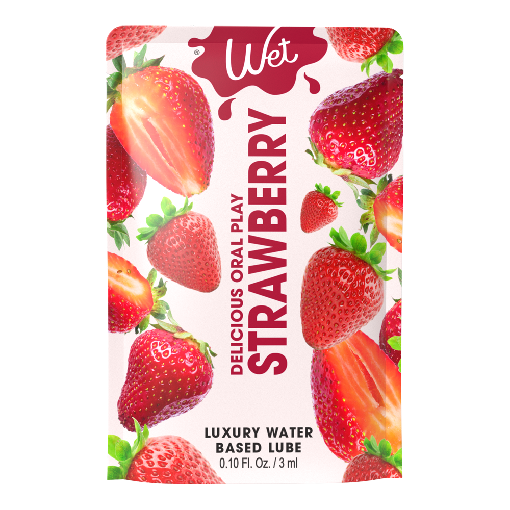 Strawberry flavored personal lubricant with whole and sliced strawberries.