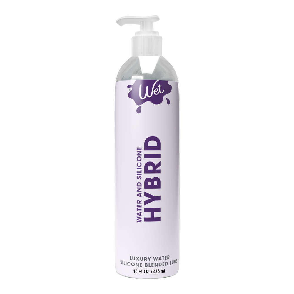 A bottle of Wet Hybrid water and silicone lubricant.