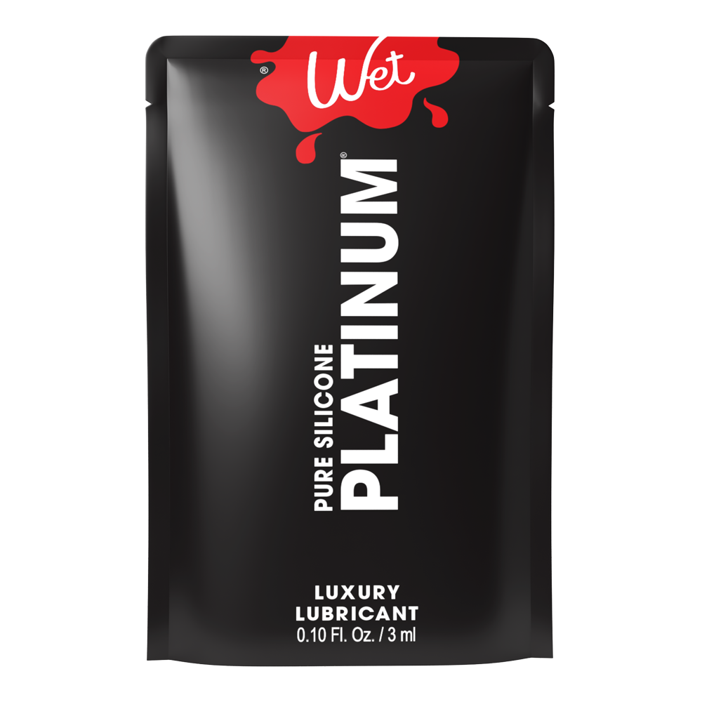 A black packet of Wet Platinum Pure Silicone Luxury Lubricant.