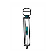 A white wand massager lapel pin with blue and red accents.