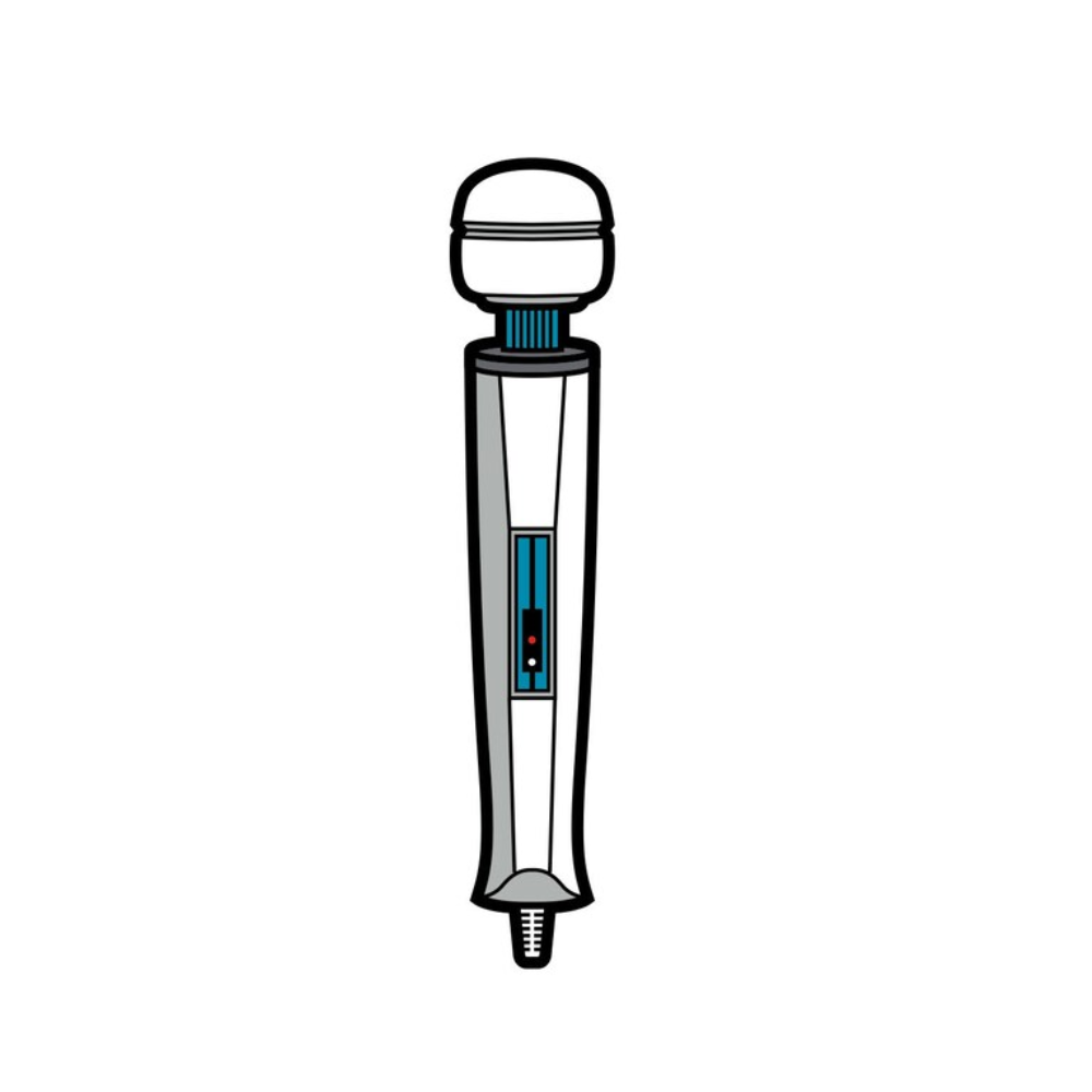 A white wand massager lapel pin with blue and red accents.