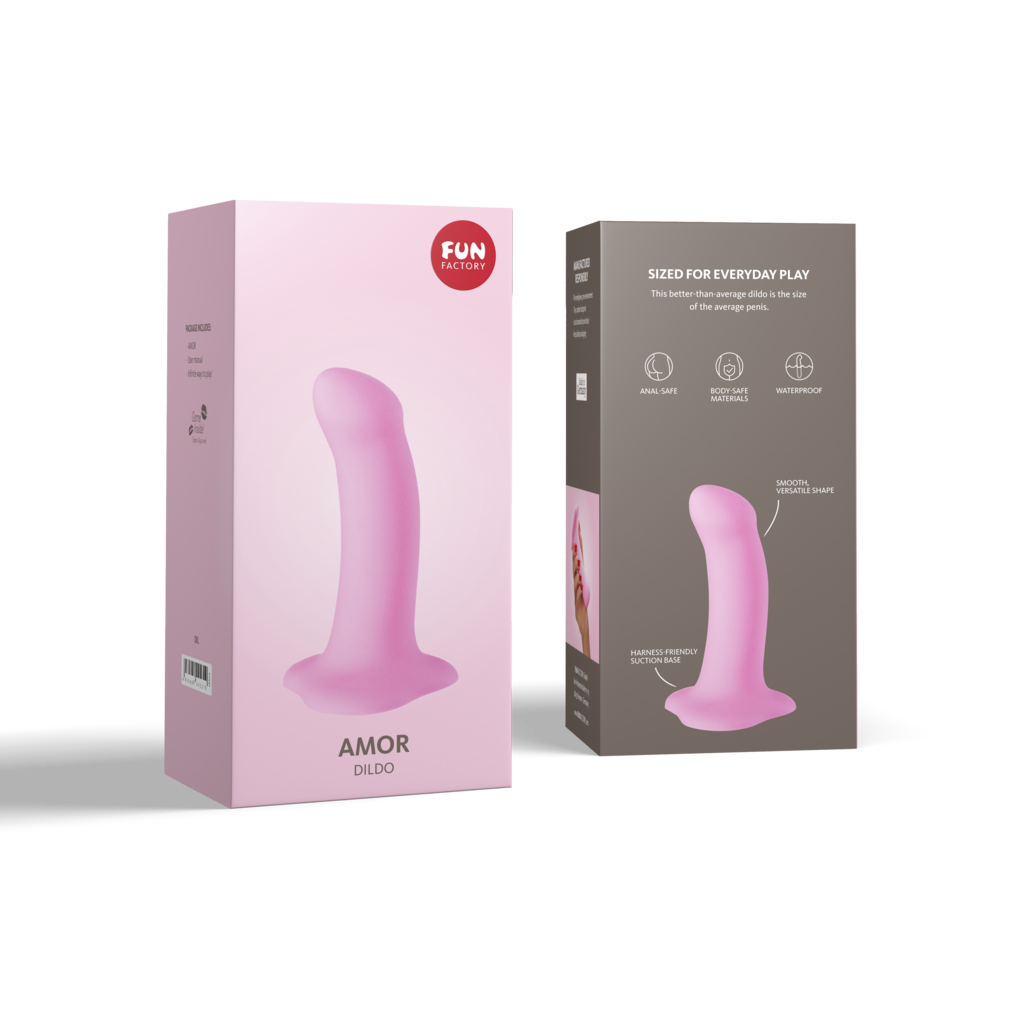 Pink curved suction dildo in Fun Factory Amor Curved packaging.